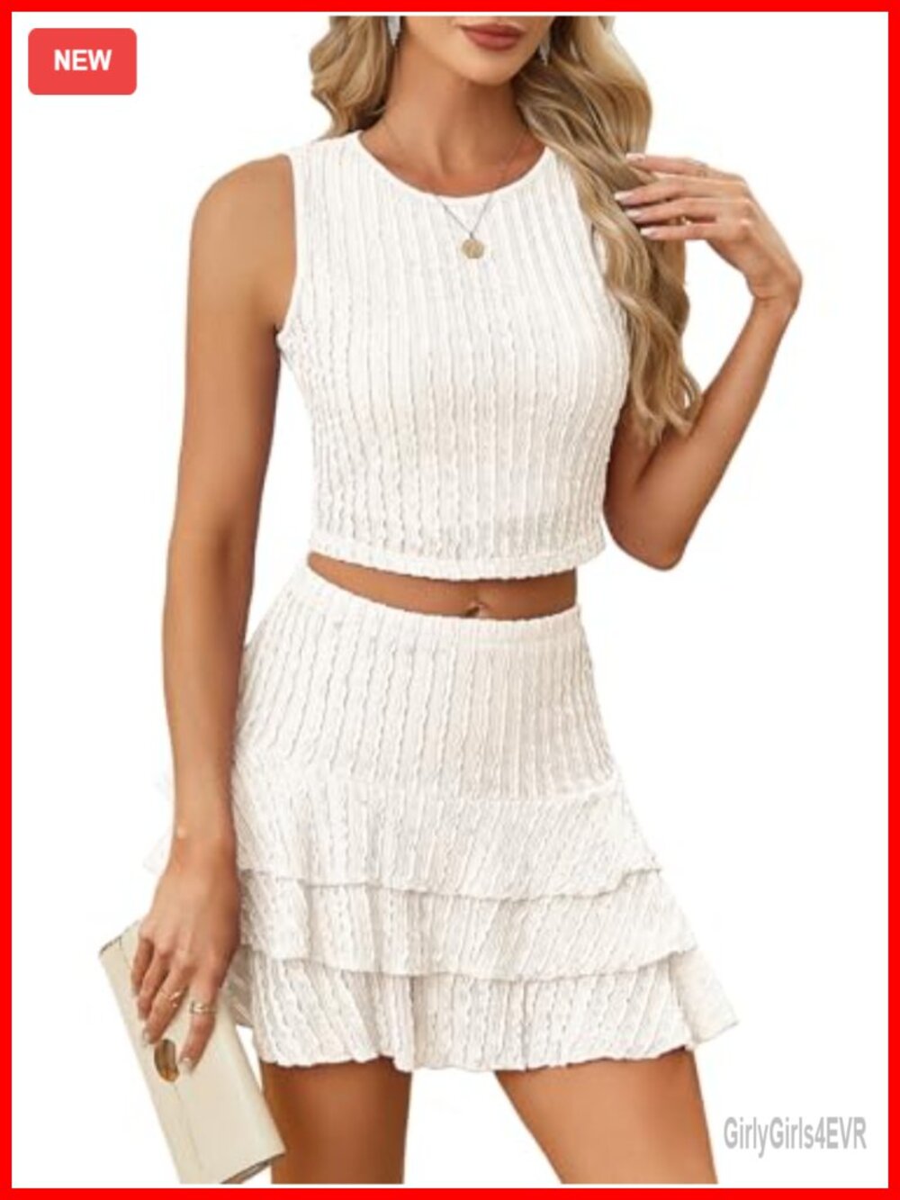 Eyelet Two Piece Skirt Set Boat Neck Cami Layered Ruffle Hem Mini Outfit